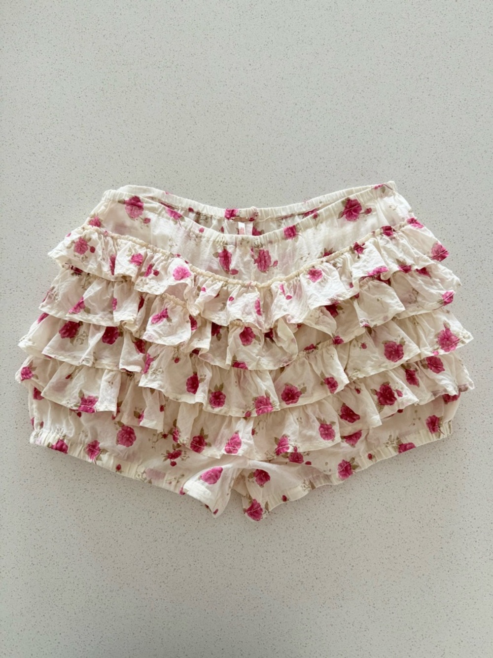 Free People Cream Ruffle Shorts with Pink Floral Print